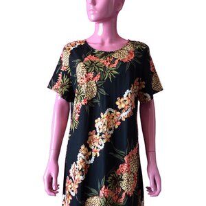 Hilo Hattie L Black Maxi Dress Hawaiian Original Pineapple Panel Plumeria Lei